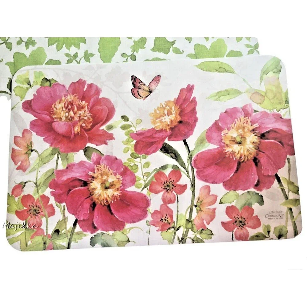 CounterArt Pink Floral Garden Placemats Set of 4 Vinyl Double Sided 17x11